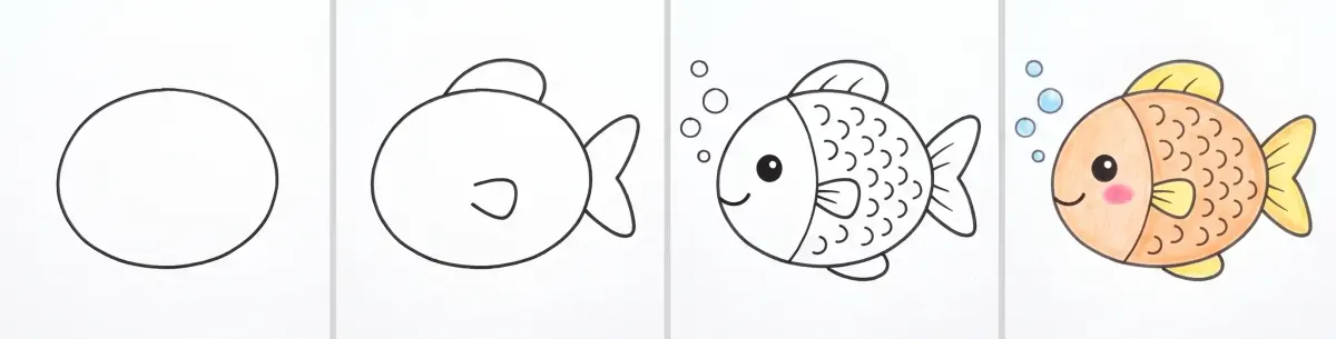 Dessin de poisson facile en 4 étapes : un ovale, la queue et les nageoires, l’œil, les écailles et les bulles, puis le poisson orange aux nageoires jaunes colorié aux crayons de couleur