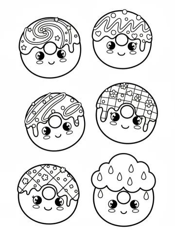 Coloriage de six donuts kawaii avec glaçages et vermicelles