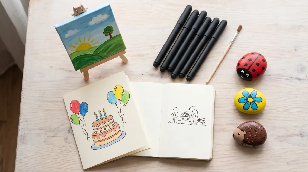 Top view of a light wooden table with a small canvas on a mini easel (hills and a sun), a handmade birthday card with a cake and balloons, a sketchbook open on a little house doodle, black markers, a brush and three painted pebbles: a ladybug, a flower and a hedgehog