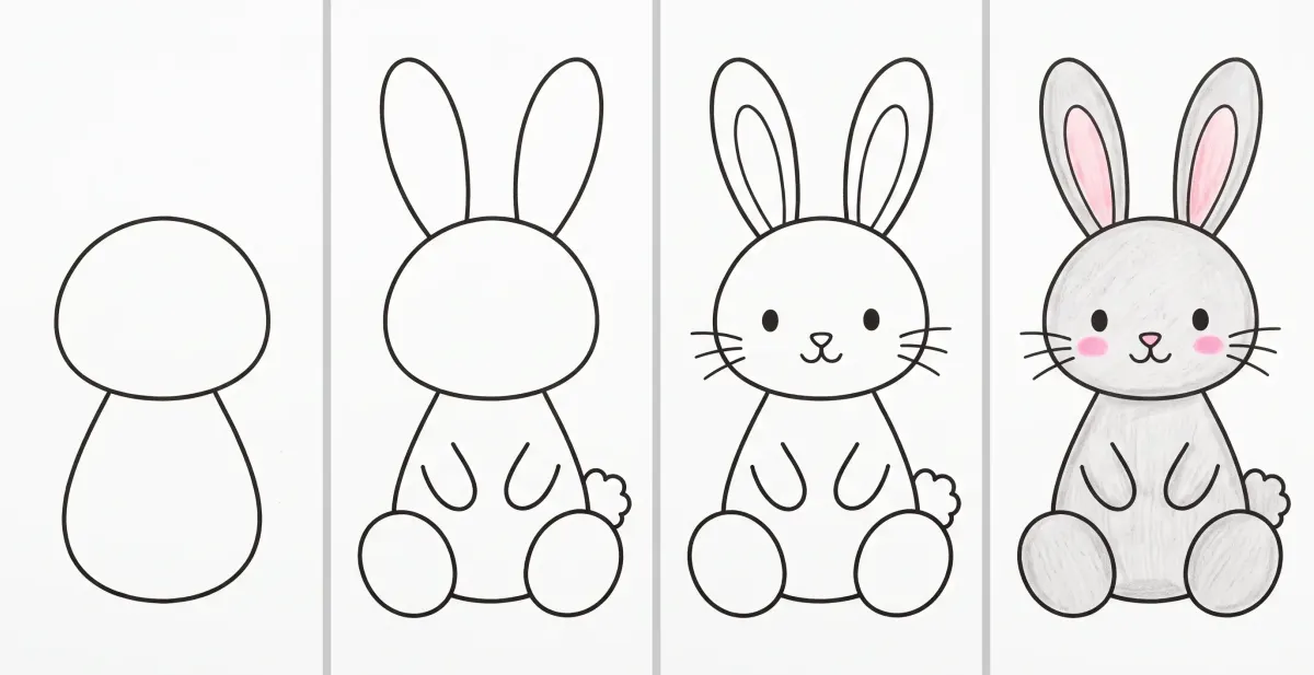 Easy bunny drawing in 4 steps: a round head on a pear-shaped body, the long ears and paws, the face and whiskers, then the gray bunny with pink ears colored with colored pencils