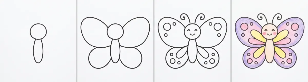 Easy butterfly drawing in 4 steps: the body and head, the four symmetrical wings, the antennae, face and patterns, then the purple, pink and yellow butterfly colored