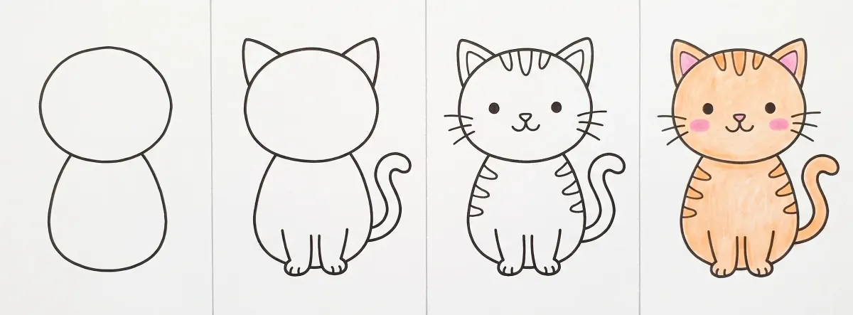 Easy cat drawing in 4 steps: a circle on an oval, the ears, paws and tail, the face and stripes, then the orange cat colored with colored pencils
