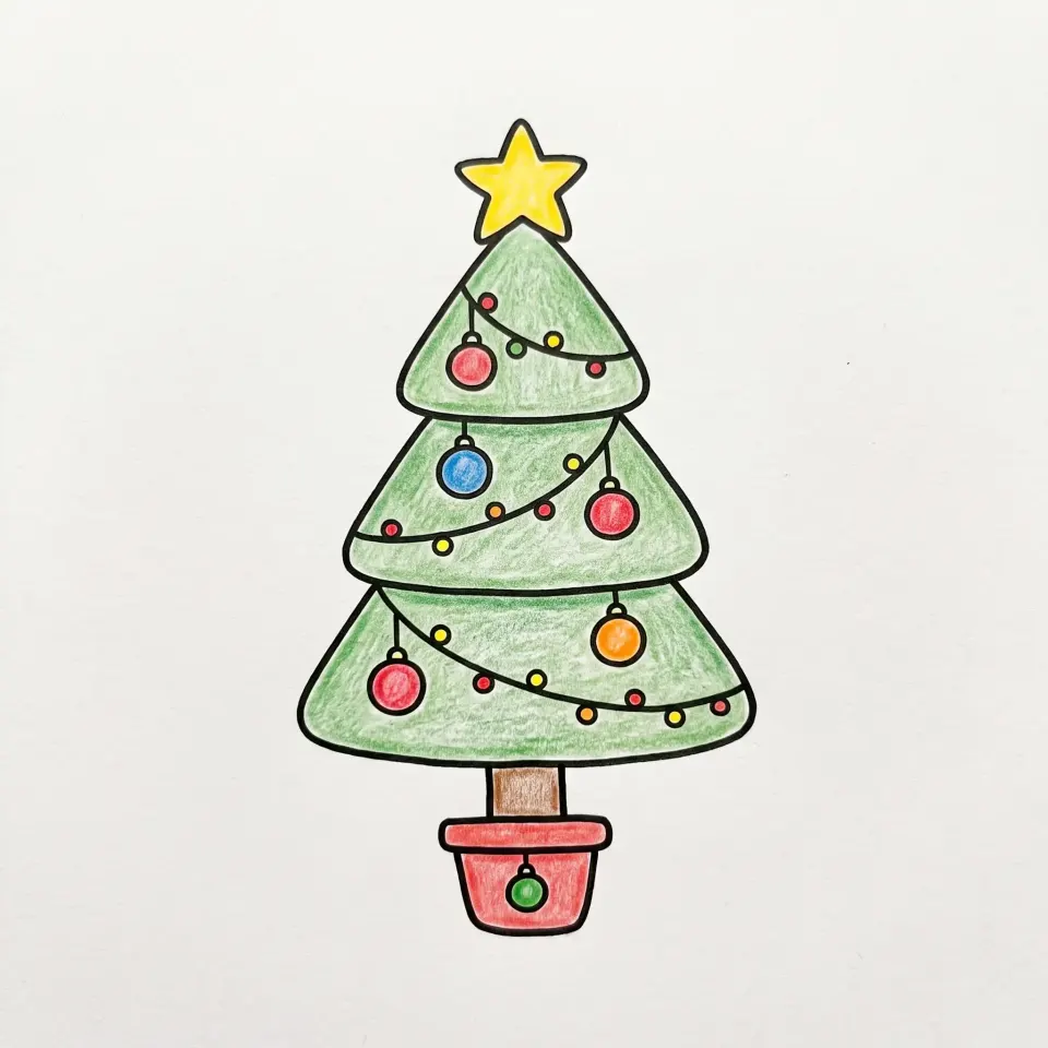 Easy Christmas tree drawing with three tiers, a yellow star, string lights, red, blue and orange ornaments and a red pot
