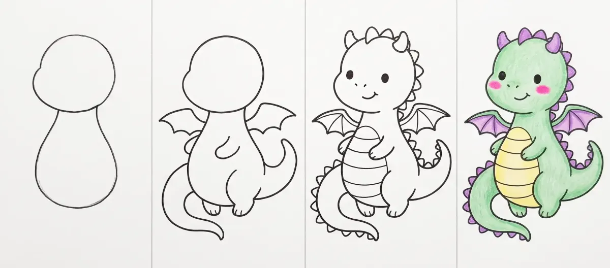 Easy dragon drawing in 4 steps: a round head on a pear-shaped body, the wings, tail and legs, the spikes, striped belly and face, then the green and purple baby dragon colored