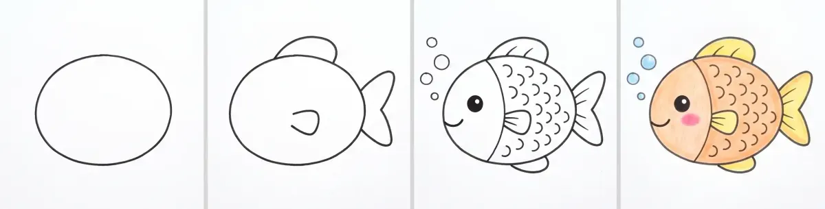 Easy fish drawing in 4 steps: an oval, the tail and fins, the eye, scales and bubbles, then the orange fish with yellow fins colored with colored pencils