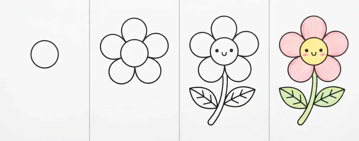 Easy flower drawing in 4 steps: a circle, six round petals, the face, stem and leaves, then the pink flower with a yellow center colored with colored pencils