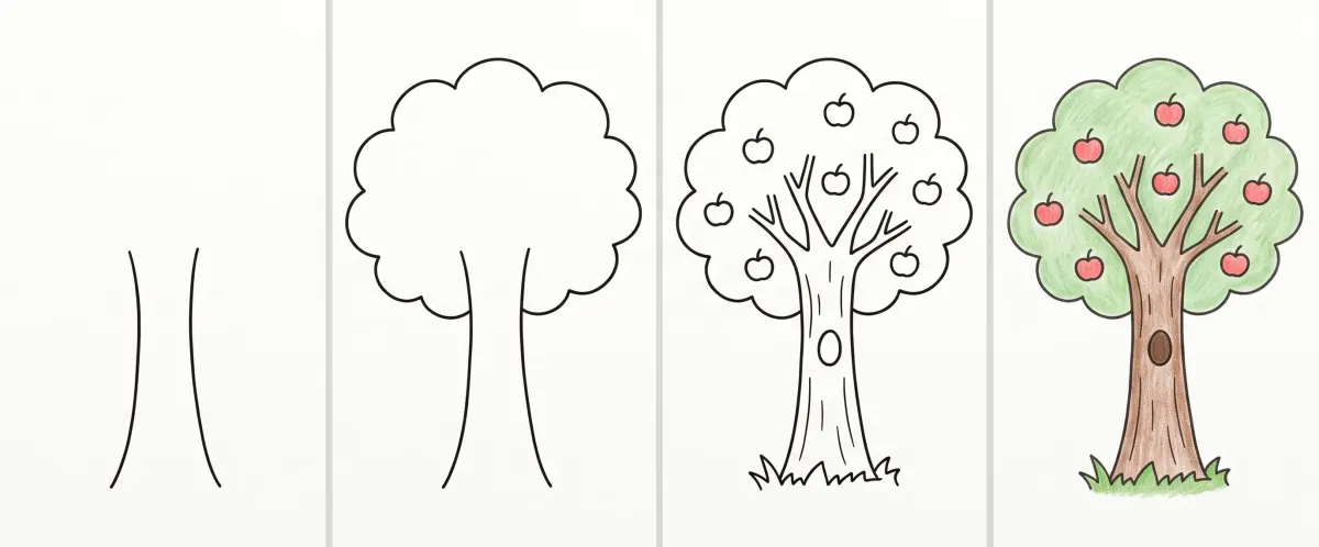 Easy tree drawing in 4 steps: the trunk, the cloud-shaped crown, the branches, apples and grass, then the apple tree colored green, brown and red