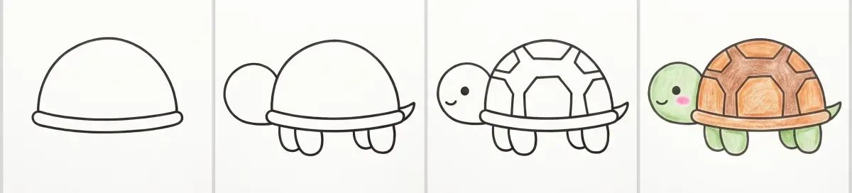 Easy turtle drawing in 4 steps: the half-circle shell, the head, legs and tail, the shell pattern and face, then the green turtle with a brown shell colored