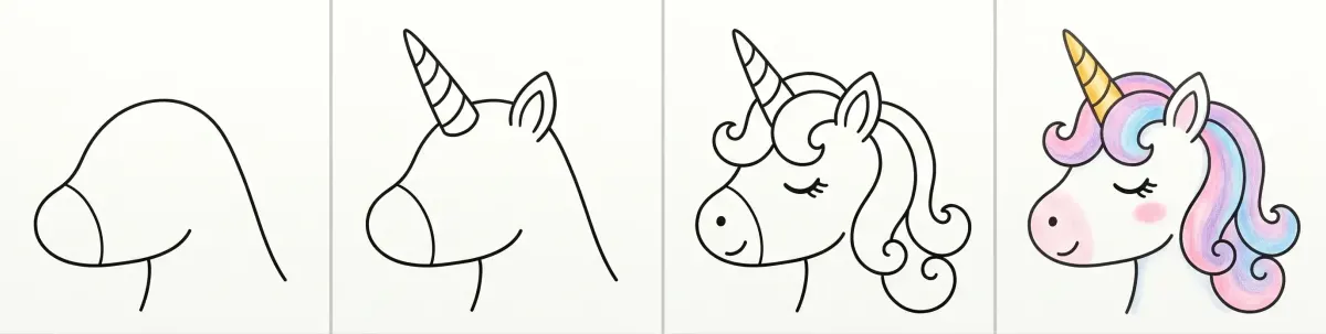 Easy unicorn drawing in 4 steps: the head in profile, the horn and ear, the curly mane and face, then the unicorn with a pastel mane and golden horn colored