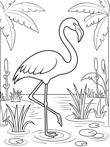 Coloriage d'un flamant rose debout dans l'eau parmi les roseaux