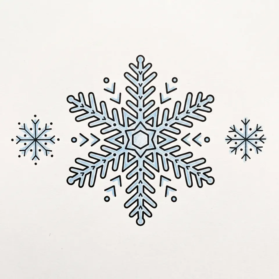 Dessin de flocon de neige symétrique à six branches, colorié en bleu clair, avec deux petits flocons de chaque côté