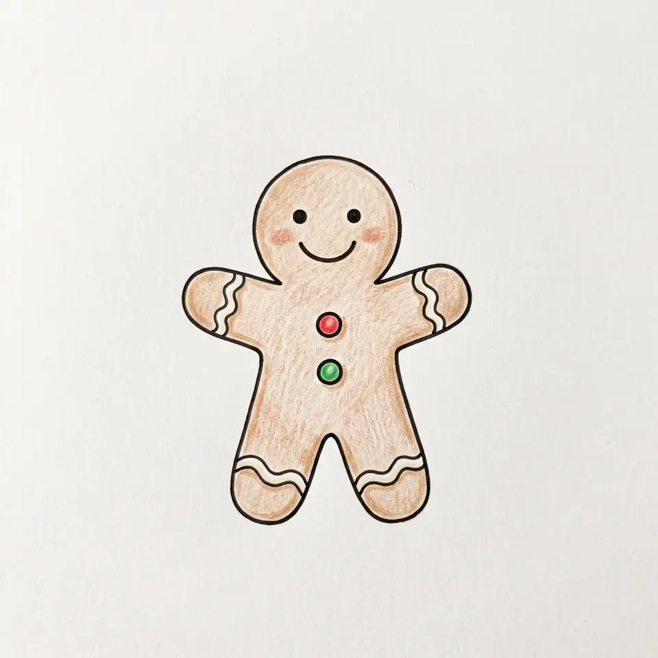 Smiling gingerbread man drawing in cookie colors, with wavy white icing lines on the arms and legs and two red and green buttons