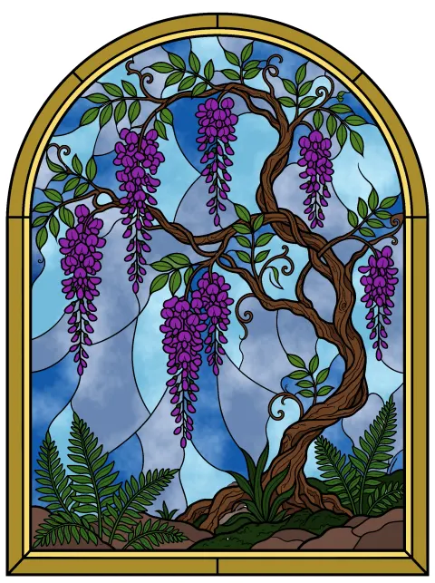 Coloriage de vitrail glycine terminé : ciel bleu en dégradés, grappes de fleurs violettes et encadrement doré