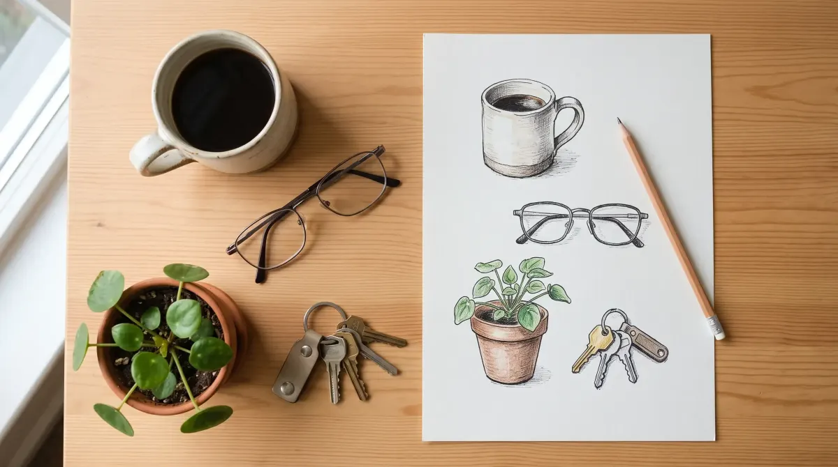 Vue de dessus d'un bureau : une vraie tasse de café, des lunettes, une plante en pot et un trousseau de clés à côté d'une feuille où ces mêmes objets sont dessinés au feutre noir et légèrement coloriés