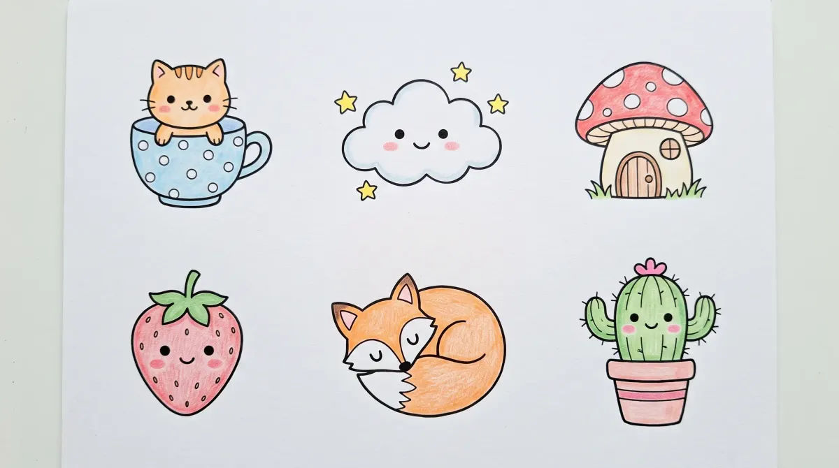 Six dessins mignons coloriés aux crayons de couleur : un chat dans une tasse à pois, un nuage souriant entouré d'étoiles, une maison-champignon, une fraise avec un visage, un renard endormi et un cactus en pot aux joues roses