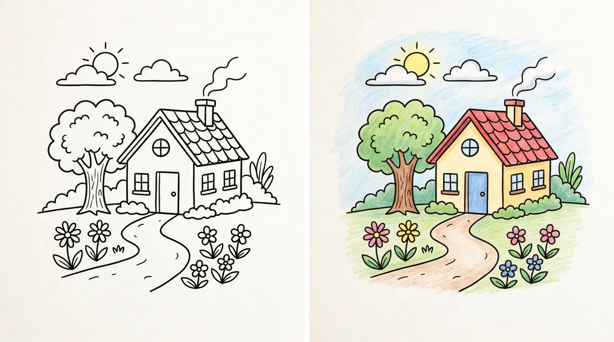 Le même dessin de petite maison avec un arbre, un chemin et des fleurs, deux fois côte à côte : à gauche au trait noir seul, à droite colorié aux crayons de couleur avec un ciel bleu, un toit rouge et une herbe verte