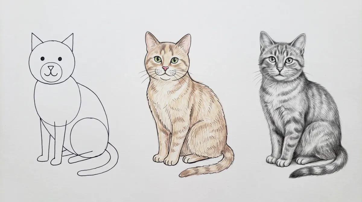 Le même chat assis dessiné trois fois : à gauche en formes simples au feutre, au milieu plus détaillé et colorié aux crayons de couleur, à droite presque réaliste au crayon graphite avec des ombres