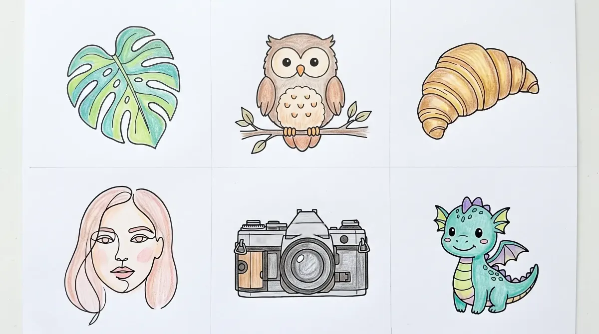Six dessins coloriés, un par thème : une feuille de monstera, une chouette sur une branche, un croissant, un visage de femme au trait continu, un appareil photo ancien et un petit dragon