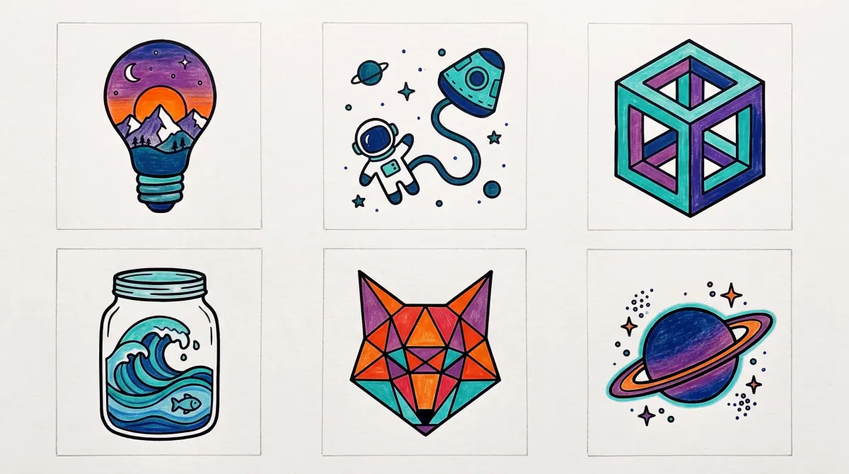 Six dessins stylés aux couleurs vives : des montagnes et un coucher de soleil dans une ampoule, un astronaute qui flotte près d'une capsule, un cube impossible, une vague dans un bocal, une tête de renard en triangles et une planète à anneaux