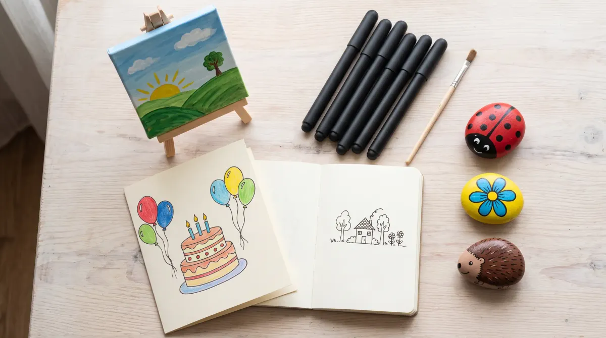 Vue de dessus d'une table en bois clair avec une petite toile sur un chevalet (des collines et un soleil), une carte d'anniversaire dessinée à la main avec un gâteau et des ballons, un carnet ouvert sur une petite maison, des feutres noirs, un pinceau et trois galets peints : une coccinelle, une fleur et un hérisson