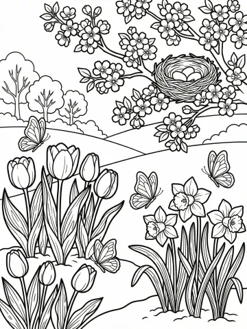 Coloriage d'un jardin de printemps avec fleurs et papillons