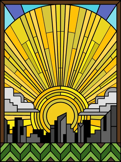 Coloriage de vitrail Art déco terminé : soleil levant aux rayons jaunes et dorés au-dessus d’une ville grise