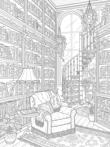 Coloriage d'une librairie ancienne avec rayonnages de livres