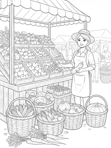 Coloriage d'un marché fermier avec étals de légumes
