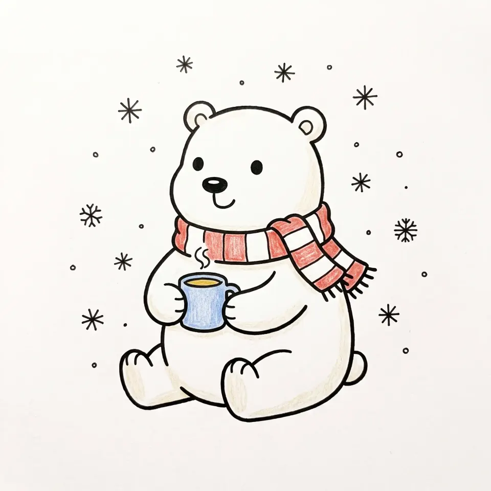 Dessin d'ours polaire facile et mignon, assis, avec une écharpe rayée rouge et blanche et une tasse fumante dans les pattes, entouré de flocons
