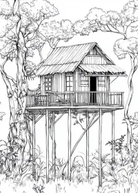 Coloriage paysage cabane nature pour adulte à imprimer gratuitement