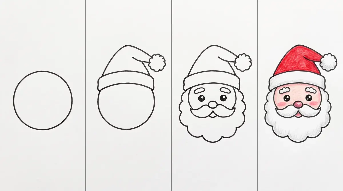 Dessin du visage du Père Noël étape par étape en quatre cases : un cercle, le bonnet à pompon, la barbe en nuage avec les yeux, le nez et la moustache, puis le visage colorié