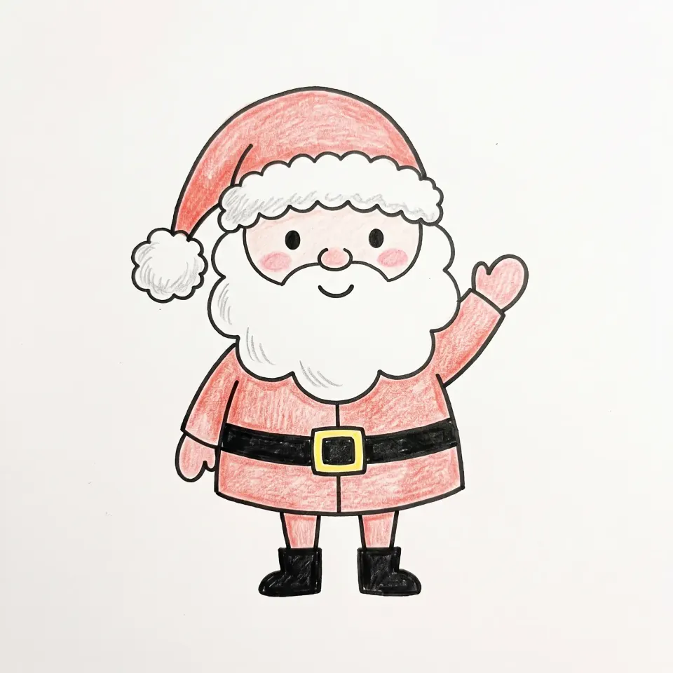 Dessin de Père Noël facile en pied, souriant, qui salue de la main, avec bonnet rouge à pompon, barbe blanche en nuage, manteau rouge, ceinture noire et bottes