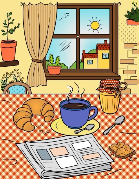 Coloriage en ligne d’un petit-déjeuner cozy terminé : nappe à carreaux vichy, croissant et tasse bleue