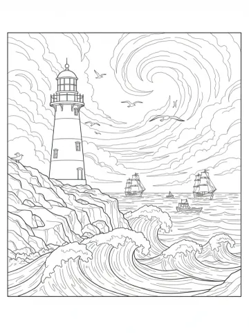 Coloriage d'un phare sur une côte rocheuse face aux vagues