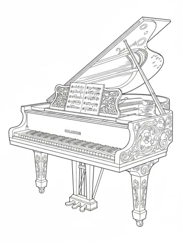 Coloriage d'un piano à queue orné de motifs floraux
