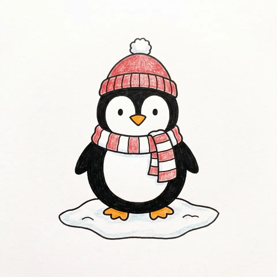 Dessin de pingouin facile et mignon avec bonnet rouge à pompon, écharpe rayée rouge et blanche, bec et pattes orange, debout sur la neige