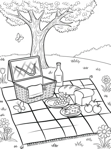 Coloriage d'un pique-nique champêtre avec panier garni