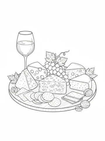 Coloriage d'un plateau de fromages, raisins et verre de vin