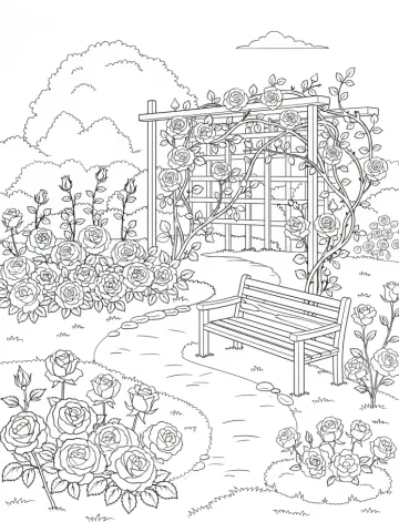 Coloriage d'une roseraie avec rosiers grimpants et allées fleuries