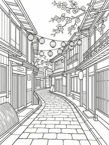 Coloriage d'une ruelle japonaise avec lanternes et enseignes