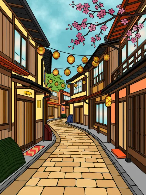 Coloriage en ligne d’une ruelle japonaise terminé : lanternes dorées, cerisiers roses et ciel aquarelle