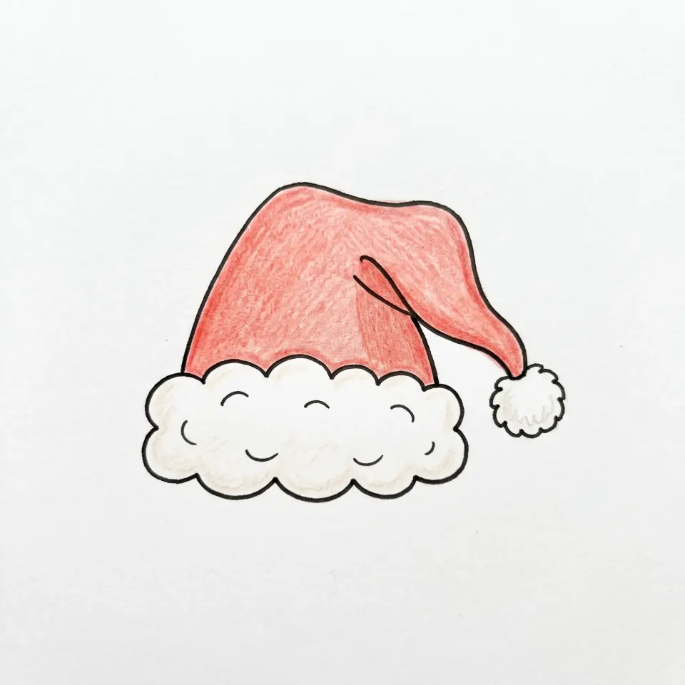 Drawing of a red Santa hat with its tip flopping to the side, a fluffy white cloud-like brim and a white pom-pom