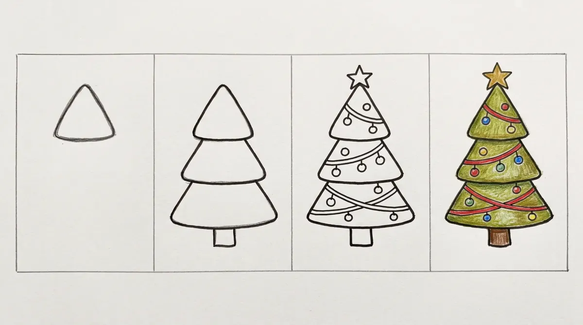 Dessin de sapin de Noël étape par étape en quatre cases : un triangle arrondi, trois triangles superposés avec un tronc, l'étoile, la guirlande et les boules, puis le sapin colorié aux crayons de couleur