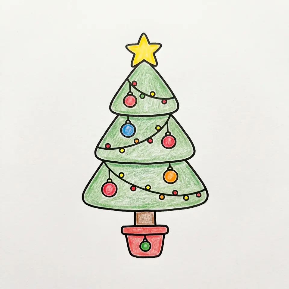 Dessin de sapin de Noël facile en trois étages, avec une étoile jaune, une guirlande lumineuse, des boules rouges, bleues et orange et un pot rouge