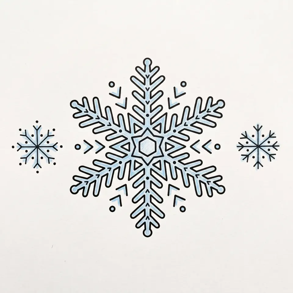 Symmetrical six-branch snowflake drawing colored in light blue, with two small snowflakes on each side