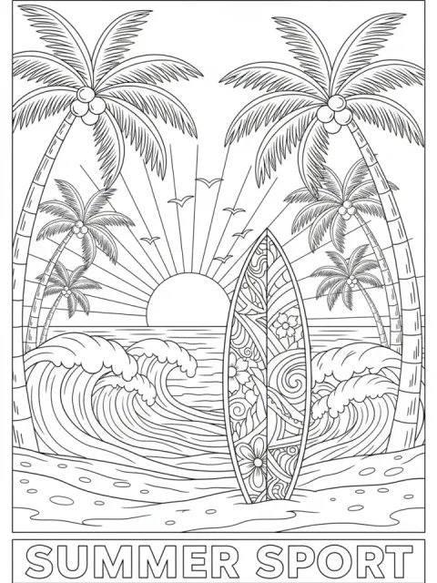 Surfing on a Tropical Beach free online coloring page