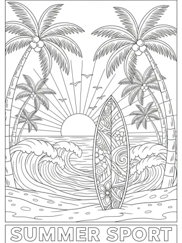Coloriage d'une planche de surf sur une plage tropicale au coucher du soleil