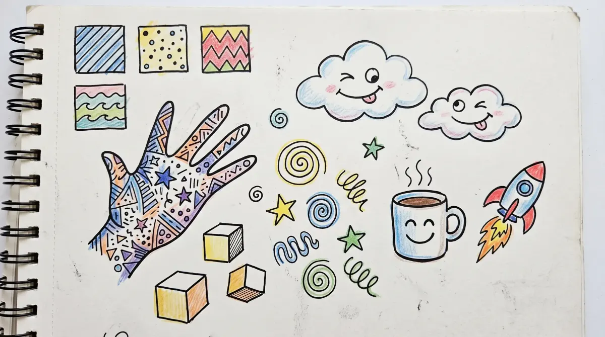Sketchbook page covered in quick doodles: squares filled with stripes, dots and zigzags, a hand filled with patterns, two clouds pulling faces, spirals, stars, cubes, a smiling mug and a rocket