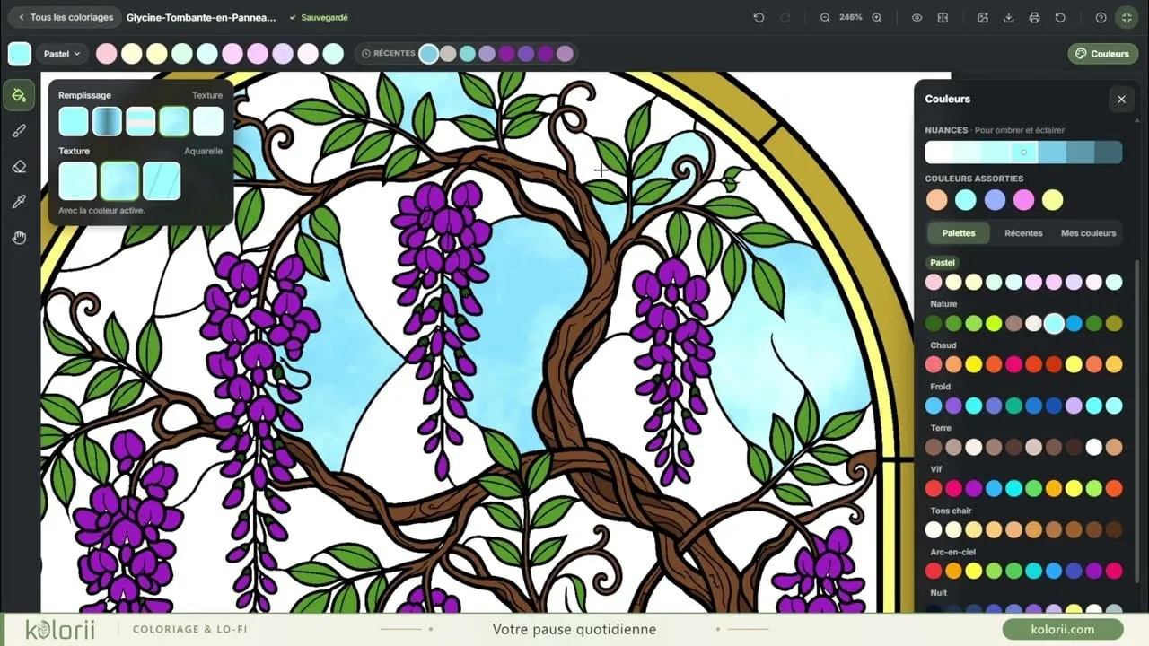 Le Studio Kolorii : un vitrail de glycine en cours de coloriage, palette de couleurs ouverte