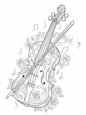 Coloriage d'un violon orné de roses avec une partition